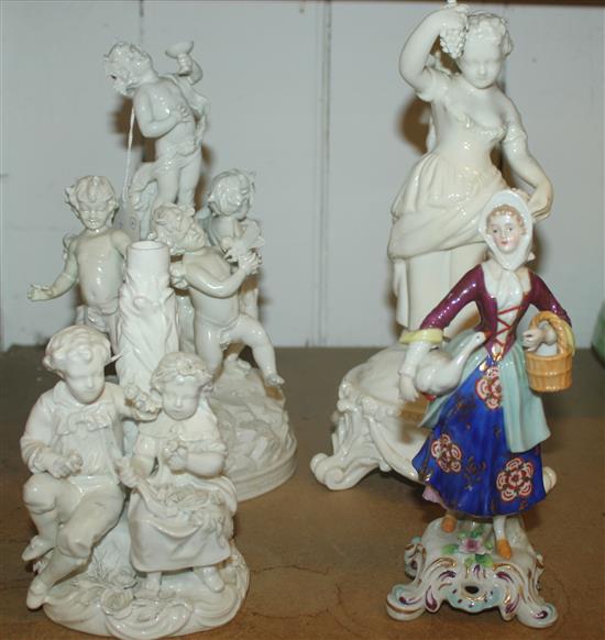 Two blanc de chine figural candlesticks (one with crossed swords mark), a Capodimonte cherub group & a polychrome figure (faults)